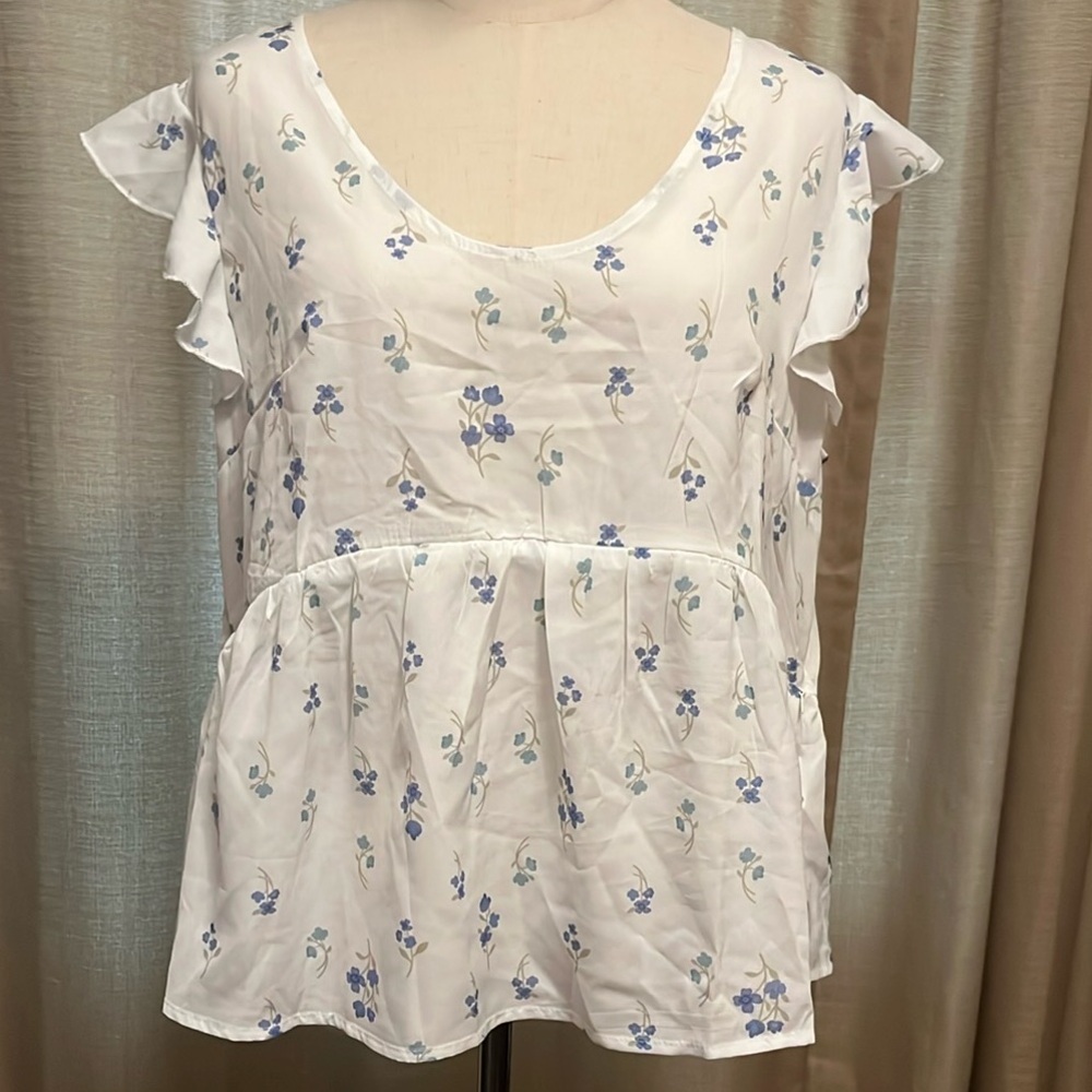 White Floral Flutter Sleeve Ruffled Peplum Maternity Nursing Blouse Womens XL